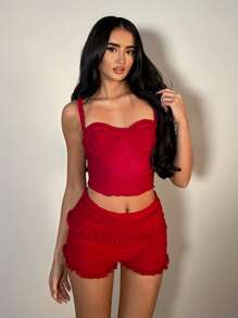 SHEIN BAE Pantalones cortos ajustados con volantes de unicolor para mujer - Rojo - Ver 4