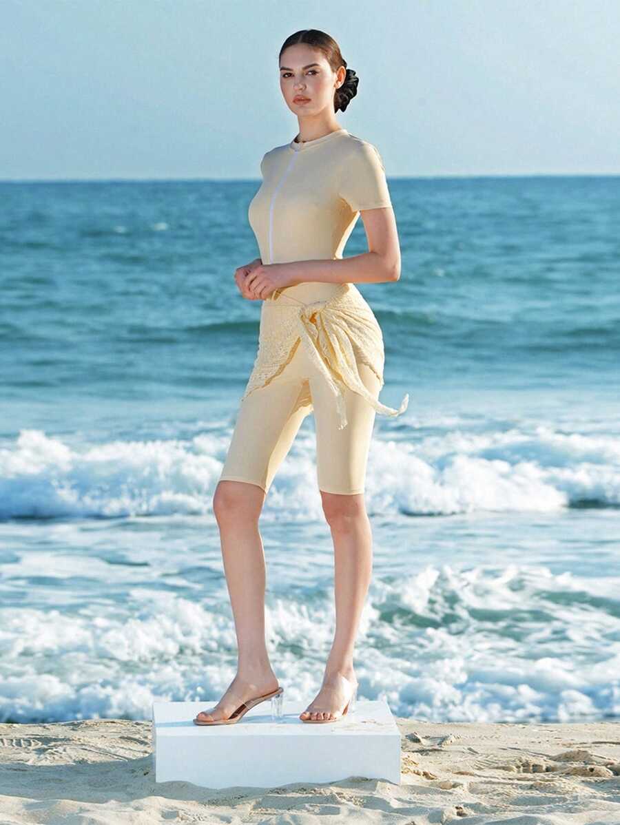 Swim Shayni 3 件套新款夏季纯色女士圆领短袖前拉链上衣、中长裤和抽绳腰沙滩裙保守度假布基尼套装 - 杏色 - 查看 1