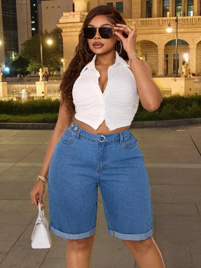 大码宽松百慕大牛仔短裤