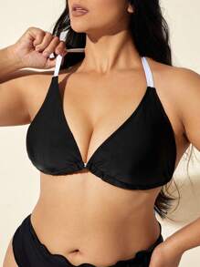 SHEIN Swim Plus Size Contrast Color Splice Halter-Neck Back Tie Bikini Top, For Summer Beach Vacation - Black - View 3