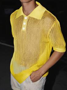 Manfinity Hypemode Men's Plain Front Button Short Sleeve Casual Knitted Top - Yellow - View 1