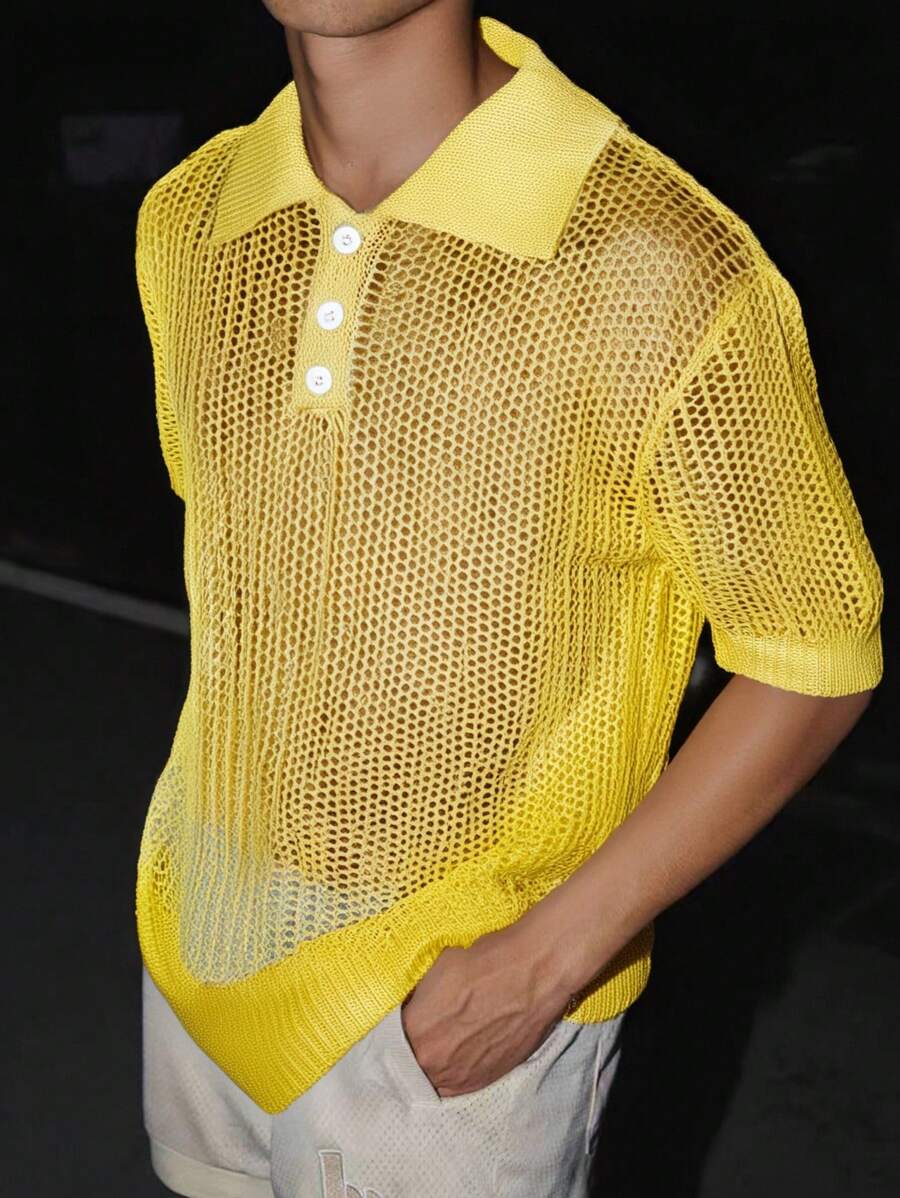 Manfinity Hypemode Men's Plain Front Button Short Sleeve Casual Knitted Top - Yellow - View 1