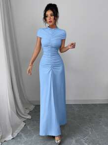 Elenzga 女士奢华晚礼服纯色褶皱设计优雅盖袖长裙，夏季波西米亚风/假日/节日长裙 - 藍色 - 查看 3