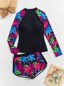 Swim SPRTY 2 Pieces Set - Tropical Plant Print Long Sleeve Crop Top And Contrast Binding Sports Shorts, Summer Beach Swimwear