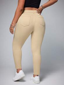 SHEIN EZwear 大码前扣口袋简约修身牛仔裤，休闲日常穿着 - 卡其色 - 查看 2