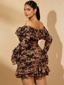 SHEIN BAE Plus Size Women's Romantic & Flocked & Mesh Long Sleeve Off Shoulder Ruffled Mini Bodycon Dress, Suitable For Halloween Party - Khaki - View 2