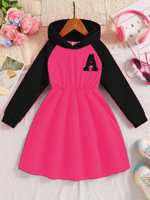 Young Girl Casual Fashion Sports Color Blocking Hooded Dress Fall Winter