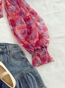 Soleia Women's Pink Floral Watercolor Print Off Shoulder Twist Lantern Sleeve Organza Blouse, Boho Sexy Holiday Vacation Casual Party Top No Chest Padding - Multicolor - View 3