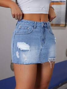 SHEIN Tall Minifalda de mezclilla con efecto desgastado de talle medio para mujer - Lavado ligero - Ver 6