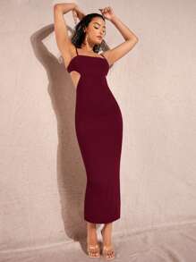 Silquee 女士优雅性感纯色露背修身吊带裙 - 酒紅色 - 查看 5