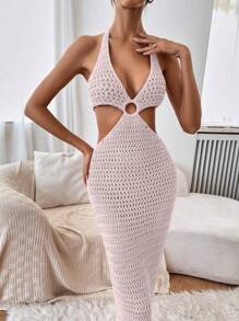 Breezaya Đầm len dệt kim hở lưng khoét cổ cho nữ - Hồng - Xem 3