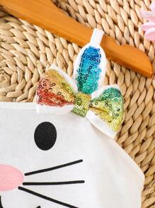 Young Girls Cute Rabbit Graphic Rainbow Mesh Patchwork Spaghetti Strap Dress With Bow Decor, Suitable For Spring/Summer Holiday, Outdoor, Party, Photo Shooting - White - View 4