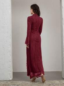 Graceveil Women's Elegant Conservative Luxurious Arabic Style Woven Lace Bell Sleeve Dress - Burgundy - View 2