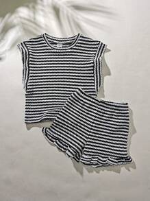 SHEIN Vintaside Kids 2pcs/Set Baby Girl Infant Toddler 0-3Y Casual Everyday Vacation Black & White Stripe Textured Knit Ruffle Sleeve Round Neck Top And Shorts 2 Pieces Outfit