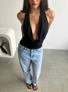 Aloruh Áo ba lỗ dệt kim hở lưng gợi cảm cho tiệc âm nhạc buổi tối đi chơi hàng ngày và hẹn hò vải lấp lánh màu trơn kỳ nghỉ cổ bẻ - màu đen - Xem 8