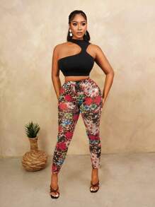 BamGleam Moderne Leggings mit Leoparden- und Blume Muster für den Urlaub - Rot - Übersicht 3