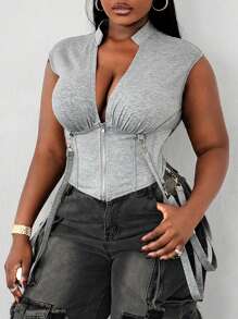 Maweii Plus Size Women Plain Short Zip Up Jacket - Grey - View 4