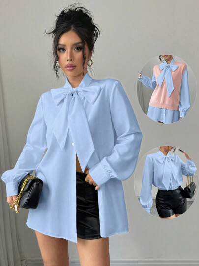 Elenzga 無地リボンカラーの長袖ブラウス (レディース)