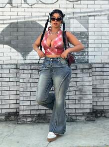 SHEIN ICON Plus Size Retro Waist Belt Slimming Skinny Denim Jeans - Blue - View 5