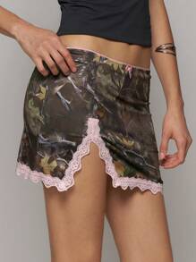 Easelle Falda de malla con estampado para mujer con adorno de encaje y lazo