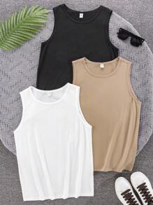 SHEIN 3 stuks/set casual tanktops voor tienerjongens, zwart, koffie, wit, koop er 2 en krijg er 1 gratis, veelzijdig voor dagelijks gebruik, sport, homewear, lente en zomer