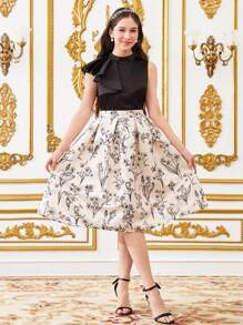 SHEIN 2件套少女舒适优雅泡泡袖蝴蝶结纯色衬衫和图案裙