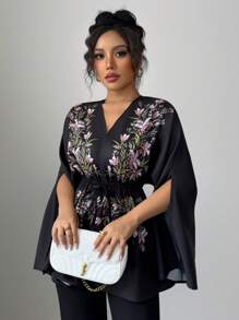 Elenzga 女士优雅花卉印花 V 领收腰开衩袖衬衫 - 彩色 - 查看 5