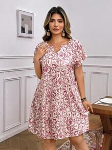 SHEIN LUNE 大码女式花卉印花V领短袖休闲度假连衣裙夏季新款女式夏季服装度假服装女 - 粉色 - 查看 3