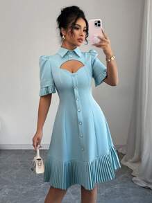 Elenzga Short Dress With Shirt Collar, Single Breasted, Ruched Hem - Green - View 7