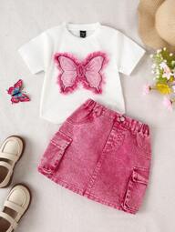 SHEIN Wildeya 1 Set Young Girl Casual Slim Fit White Short Sleeve T-Shirt With 3D Butterfly Embroidery Design & Pink Washed Casual Slim Fit Cargo Pocket Denim Skirt, Simple & Fashionable For Daily Wear