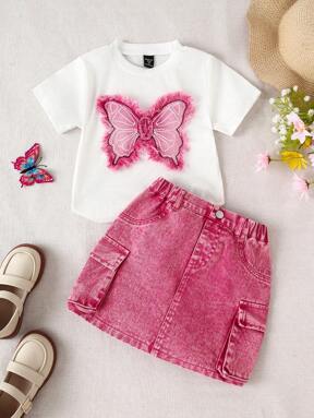 SHEIN Wildeya 1 Set Young Girl Casual Slim Fit White Short Sleeve T-Shirt With 3D Butterfly Embroidery Design & Pink Washed Casual Slim Fit Cargo Pocket Denim Skirt, Simple & Fashionable For Daily Wear