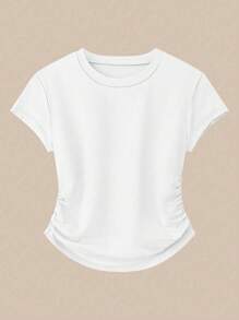 Flirla Plus-size effen ronde hals asymmetrisch geplooid T-shirt met korte mouwen en wijde broek (2-delige set), casual, veelzijdige en relaxte pasvorm voor dagelijks gebruik en feestdagen, lente/herfst