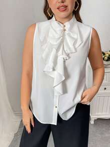 SHEIN Privé Plus Size Elegant Commute Asymmetric Ruffled Collar Loose Sleeveless Blouse, Summer Small Stand Collar White Shirt - White - View 2