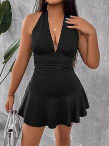 SHEIN PETITE CURVE Solid Color Halter Neck Backless Romper - Black - View 5