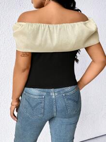 SHEIN Clasi Plus Size Women Black Contrast Color Slim Fit Elegant Tie Bow Off Shoulder Sexy Top, Summer, Rave, Festival, Spring Break, Boho - Black - View 2