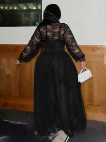 Slaydiva 大码女式浪漫优雅女士蕾丝修身连体裤、网眼裙和裙裤，大码 2 件/套 - 黑色 - 查看 3