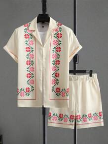 Manfinity Homme Bộ áo sơ mi cài nút in họa tiết thường ngày và quần short dây rút cho nam - Màu be - Xem 1