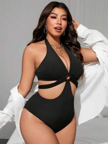 Swim SXY Bộ đồ bơi liền thân hở lưng màu trơn cỡ lớn, hở lưng, dây mảnh, dành cho bãi biển mùa hè - màu đen - Xem 5