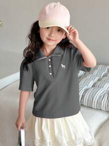 Dazy Kids Young Girl Unicorn Print Polo Collar Short Sleeve Casual Loose T-Shirt,Girls Summer Outfits - Dark Grey - View 5