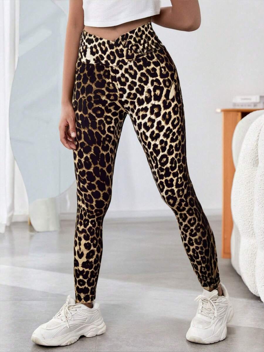 SHEIN Leap Crew Tween Girls Casual Leopard Print Elastic Knit Leggings - Brown - View 1
