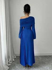 Elenzga Elegant Oblique Shoulder Asymmetric Hem Pleated Waist Solid Color Maxi Dress, Versatile For Commuting, Party, And Charm