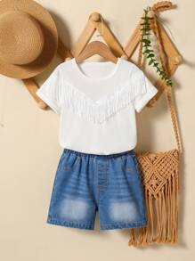 SHEIN 2025 Spring/Summer New Arrival, Casual & Comfortable White Tassel Decor T-Shirt Paired With Simple & Elegant Blue Denim Shorts, Classic Young Girls 2 Pieces Set, Suitable For Daily Wear, Outdoor Activities, And Family Vacation