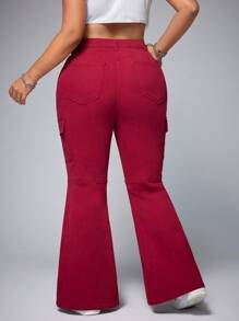 SHEIN ICON 大码女式工装口袋喇叭裤休闲百搭牛仔裤 - 酒紅色 - 查看 2
