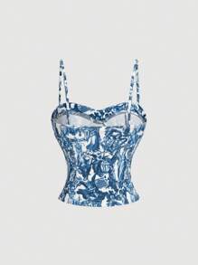 SHEIN MOD Biustonosz typu bustier w kolorze niebieskim i białym z kwiatowym nadrukiem w stylu vintage, krótki top