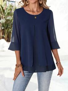 EMERY ROSE 女士度假休闲纯色前开叉二合一衬衫 - 藏蓝色 - 查看 5