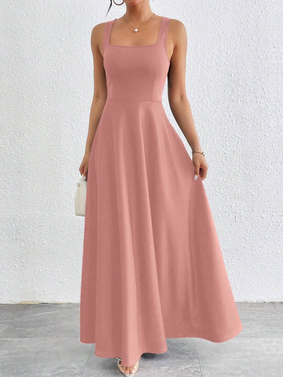 SHEIN Privé 女士纯色方领无袖优雅伞形下摆连衣裙 - 藕粉色 - 查看 1