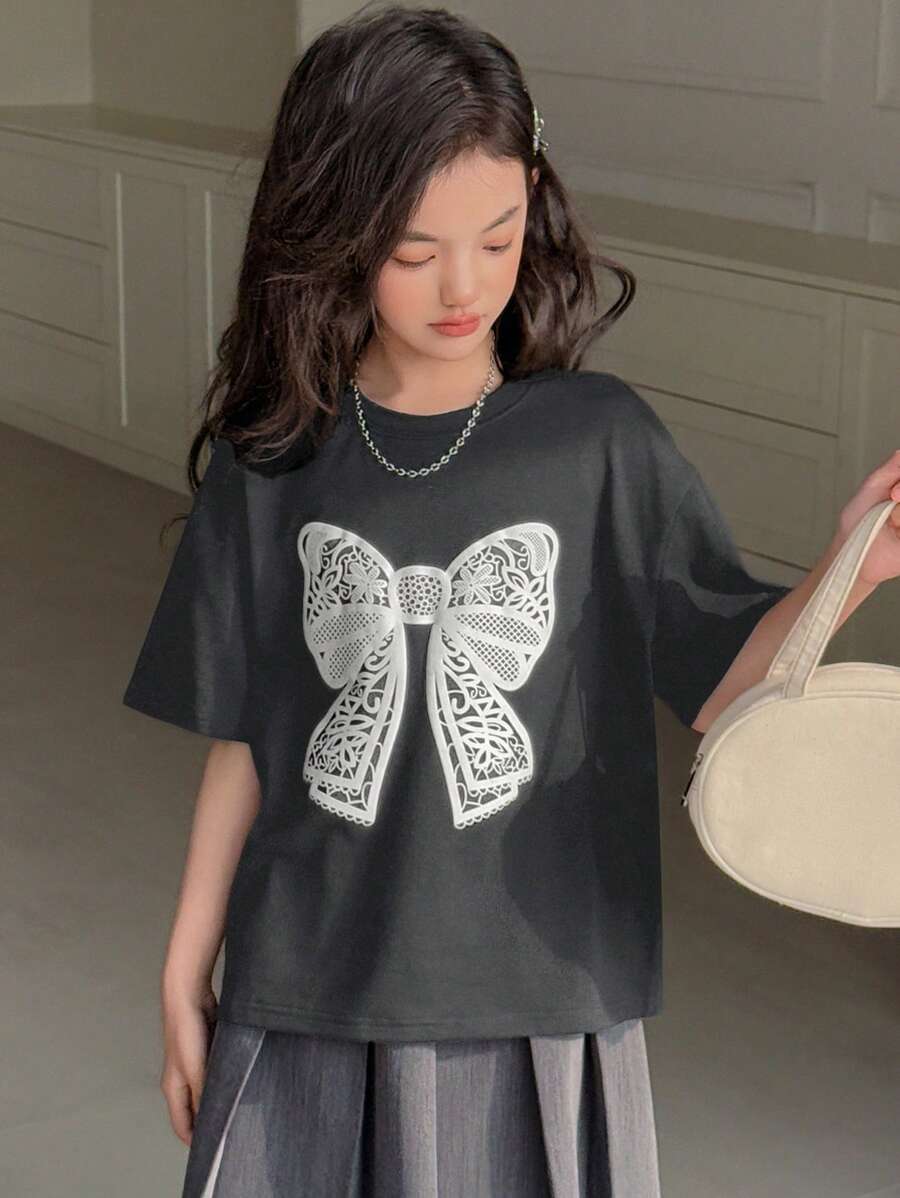 DAZY Tween Girl Round Neck Knit Short Sleeve Butterfly Print T-Shirt, Spring/Summer,Back To School Clothes - Dark Grey - View 1