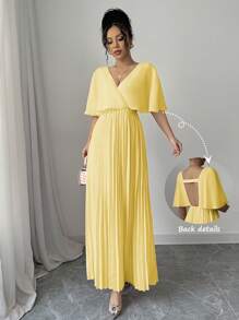 Elenzga Elegant Butterfly Sleeve Pleated A-Line V-Neck Backless Dress, Suitable For Party, New Year, Valentine's Day, Pink