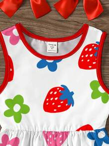 Śliczna kolorowa truskawka i kwiatowy nadruk dla młodej dziewczyny, swobodna, minimalistyczna, bezrękawa sukienka o średniej długości, odpowiednia na lato - Wielokolorowe - Zobacz 4