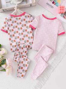 4pcs Baby Girls Breakfast Bread Avocado Print Purple Series Bodysuit And Pants Homewear Set - Multicolor - View 2